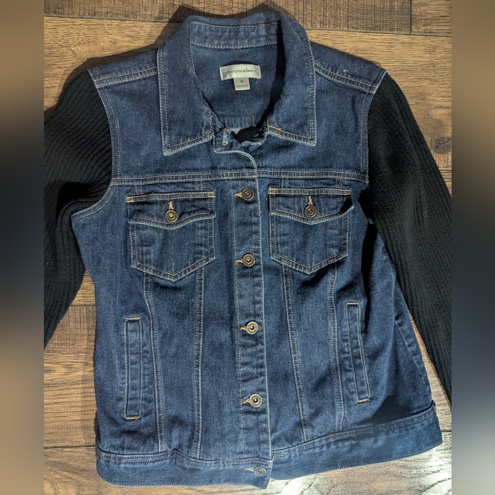 Christopher & Banks Blue Denim Jean Jacket Black Knit Sweater Sleeves Size Med